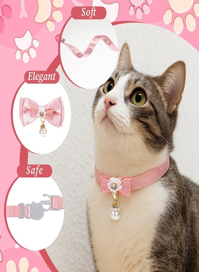 Jeffdad طوق قطط جيفداد قطعتين، طوق قطط وردي اللون مزين بفيونكة وقلادة لؤلؤية، مزود بإبزيم أمان سريع الفتح، طوق قطط لطيف للقطط الإناث - Image 3